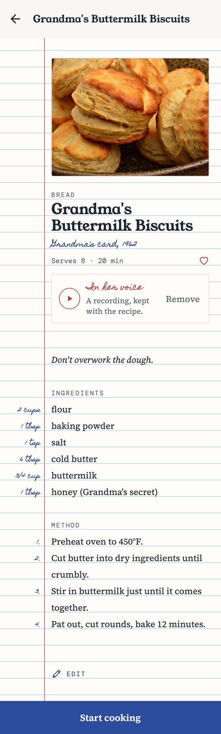 A recipe page in Kouzina: Grandma's Buttermilk Biscuits on a ruled card, with the amounts written in the margin and a voice note kept with the recipe