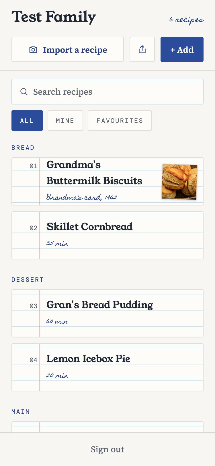 The family's cookbook in Kouzina: recipes as ruled index cards grouped under Bread, Dessert and Main, with an Import a recipe button at the top