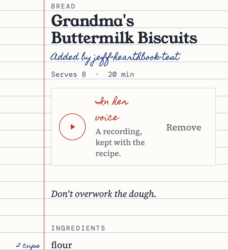 A recipe in Kouzina with 'In her voice' written in red in the margin beside a play button, and the note 'Don't overwork the dough.'
